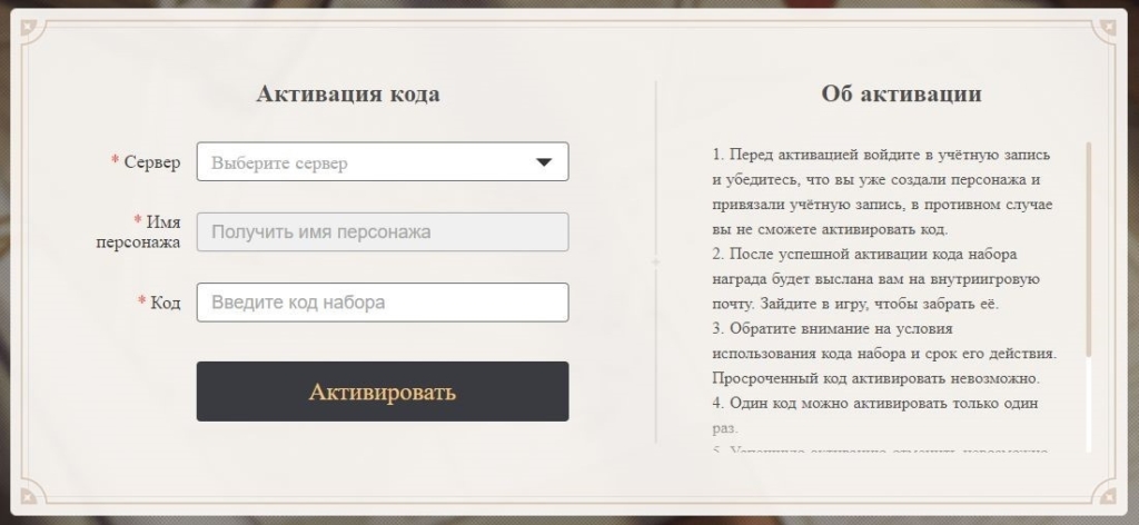 Ввод промокода через официальный сайт