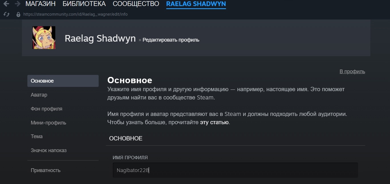 Смена ника в Steam