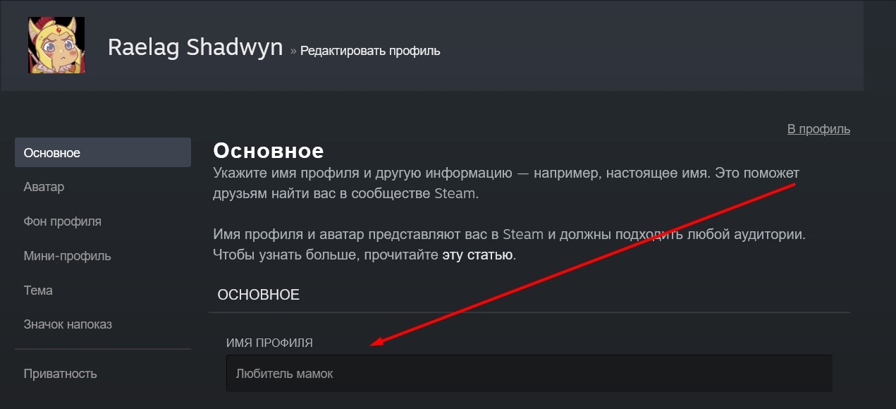 Смена ника в Steam через браузер