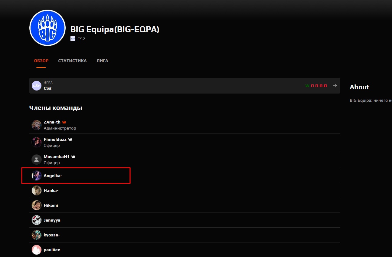 Ростер BIG Equipa на платформе Faceit